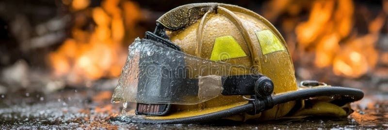 Nasser Feuerwehrhelm liegt vor verschwommenen Flammen auf dem Boden